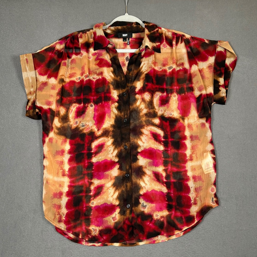 DKNY Top Womens Medium Multicolor Tie Dye Sheer Button Up Cuffed Short Sleeve